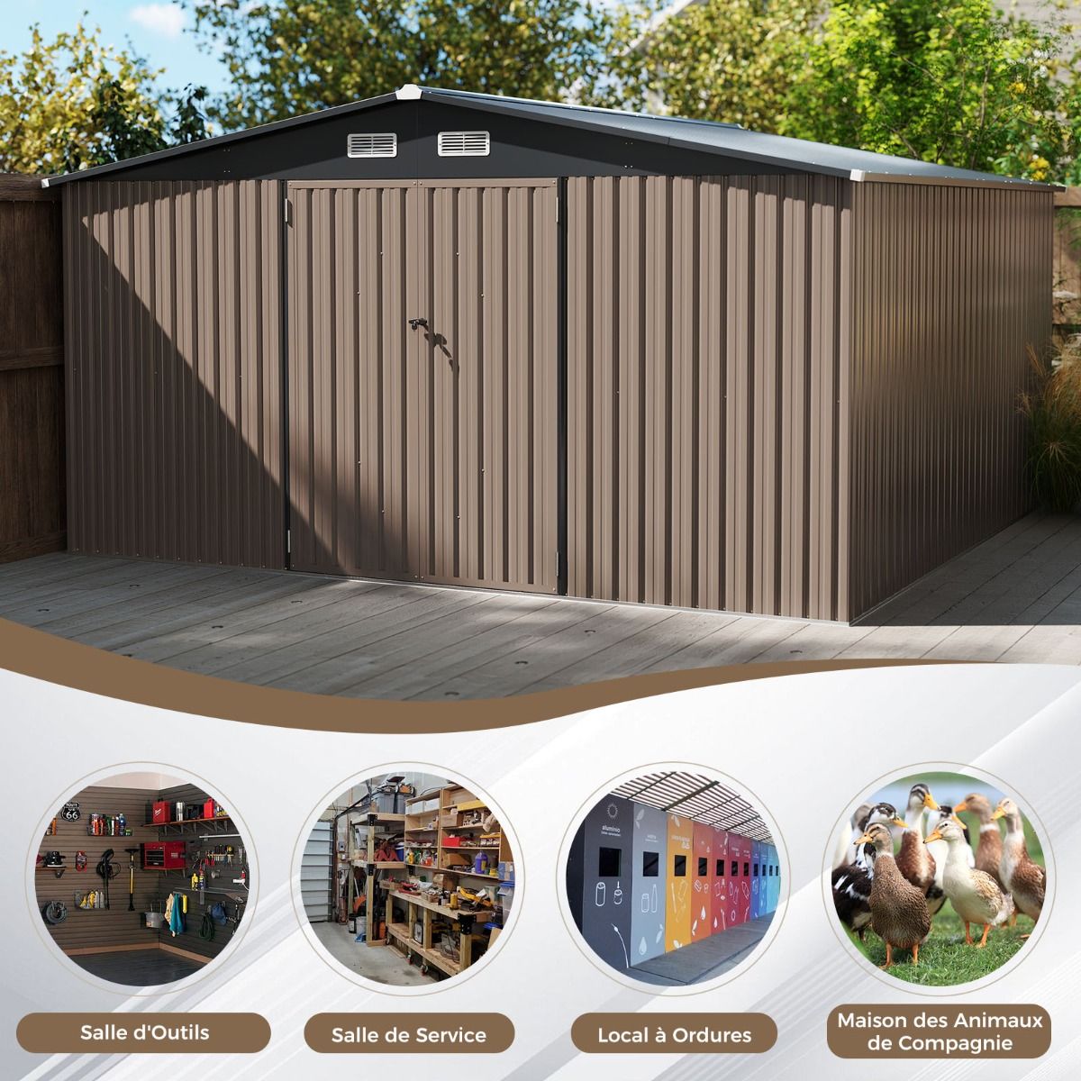 Abri de Stockage Extrieur Grand Hangar  Outils avec Design de Toit Inclin Portes Fermables avec Cls 4 Arations 350x350x198cm Gris -