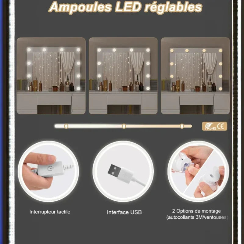 Coiffeuse Blanche avec Miroir LED - 7 Tiroirs -