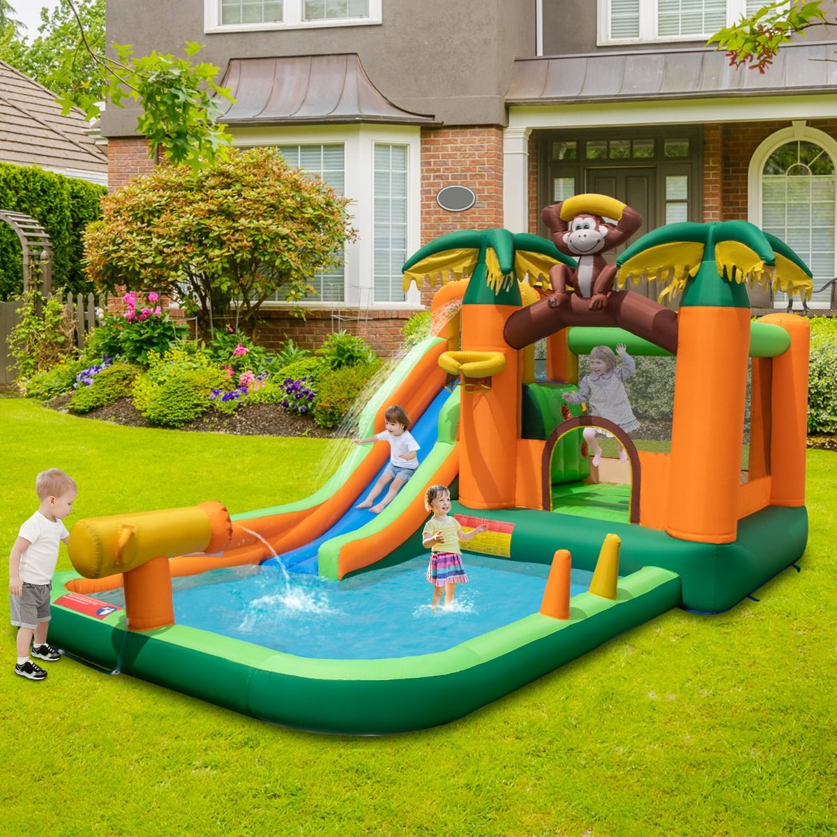 7 en 1 Ch芒teau Gonflable Tropical  Thme Singe & Palmier avec Toboggan Aquatique avec Piscine & 50 Boules Charge 90kg pour 2 Enfants de 3-10 Ans -