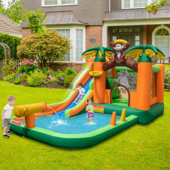 7 en 1 Ch芒teau Gonflable Tropical  Thme Singe & Palmier avec Toboggan Aquatique avec Piscine & 50 Boules Charge 90kg pour 2 Enfants de 3-10 Ans -