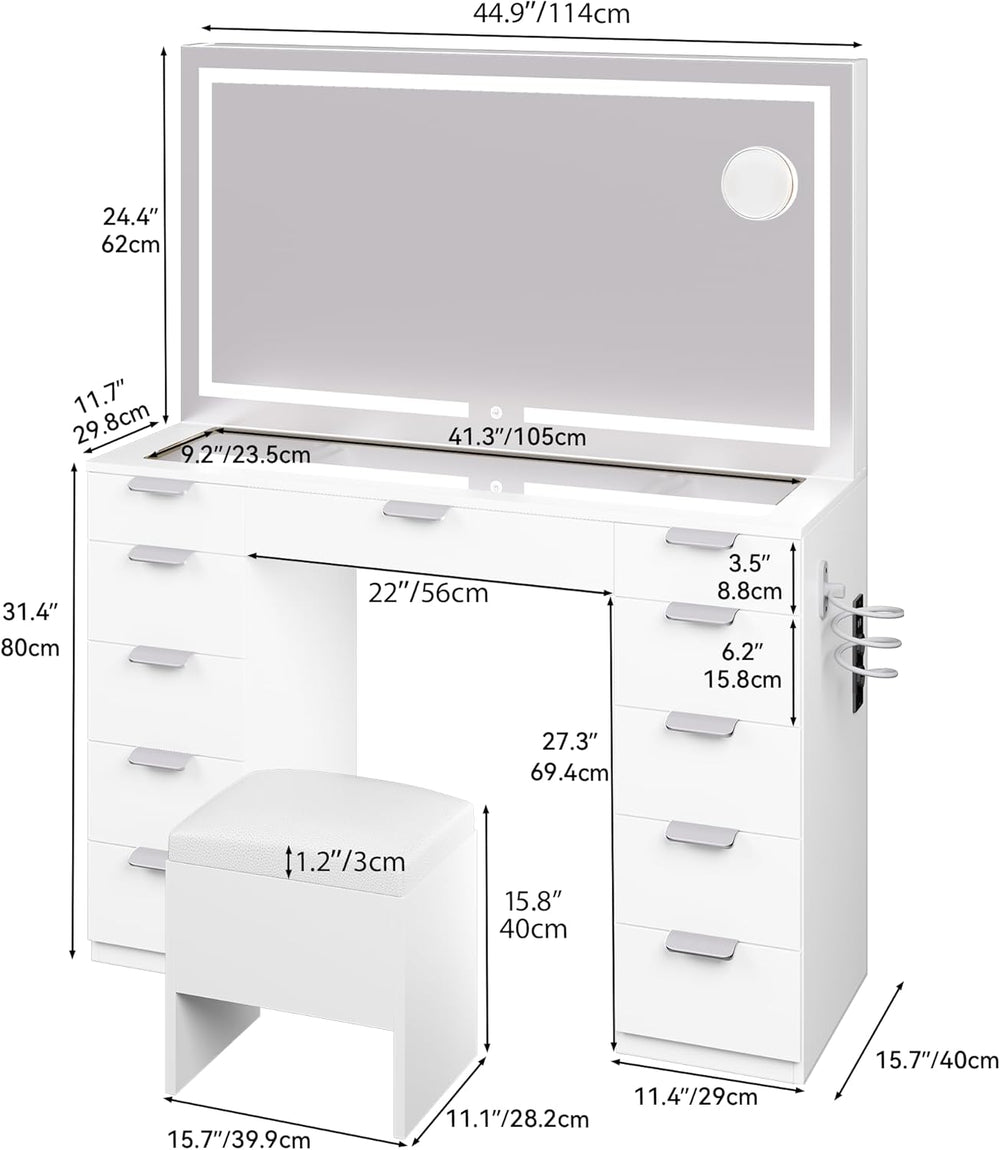 YITAHOME Grande Coiffeuse avec éclairage LED réglable et Prises électriques, Coiffeuse avec Miroir, Toit en Verre Transparent, 11 tiroirs et Tabouret, Blanc