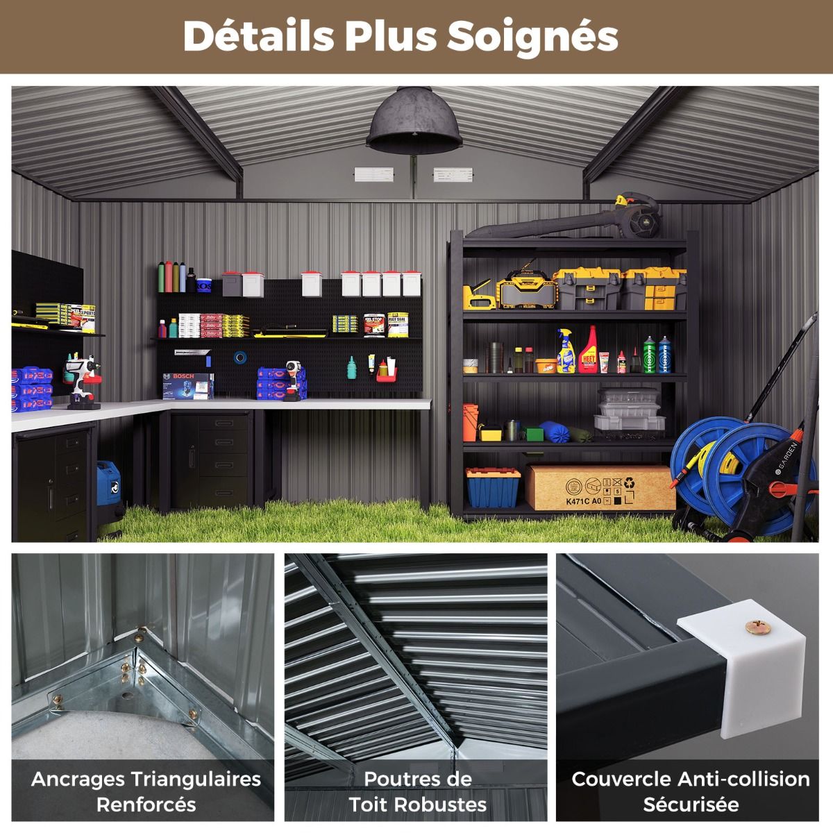 Abri de Stockage Extrieur Grand Hangar  Outils avec Design de Toit Inclin Portes Fermables avec Cls 4 Arations 350x350x198cm Gris -