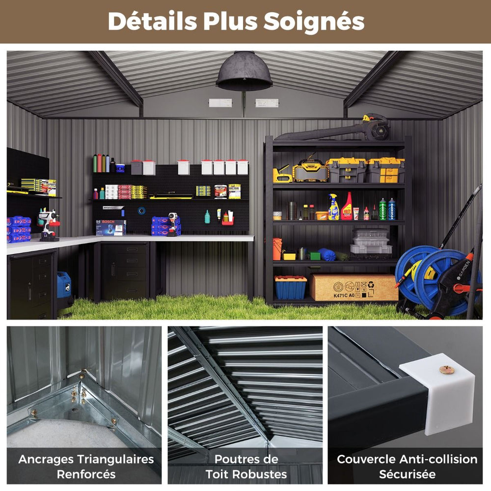 Abri de Stockage Extrieur Grand Hangar  Outils avec Design de Toit Inclin Portes Fermables avec Cls 4 Arations 350x350x198cm Gris -