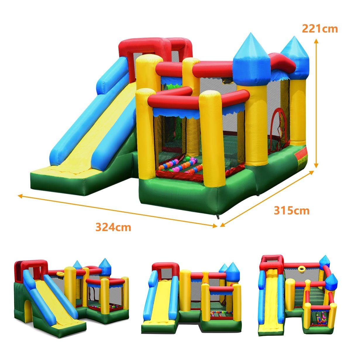 Château Gonflable 4 en 1 pour Enfant 3-10 Ans avec Toboggan Aire de Saut Mur d’Escalade Panier de Basketball -