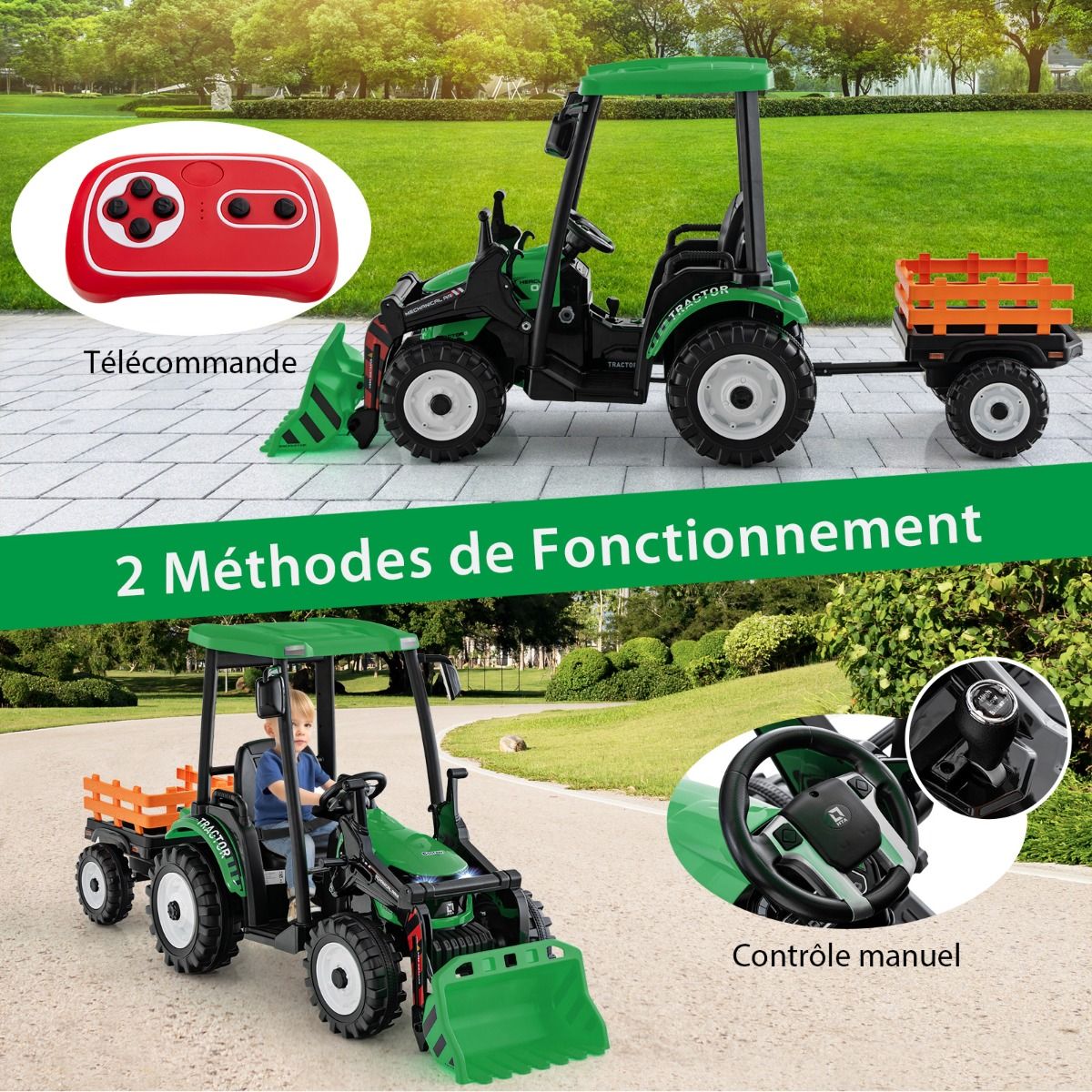 12V Tracteur lectrique Enfants avec Pelle&Remorque Amovible Vhicule lectrique  6 Roues avec Tlcommande & Musique 3-6 km/h pour 3-8 Ans Jaune/Vert -
