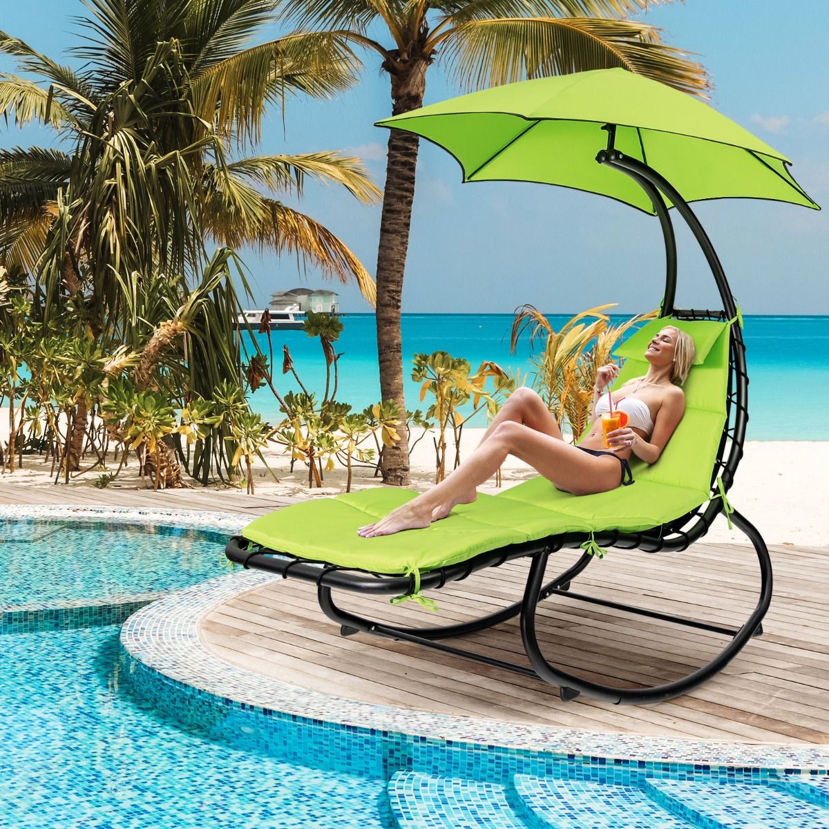 Bain de Soleil  Bascule Transat Suspendu avec Pare-Soleil & Coussin Hamac Charge 150KG 184 cm x 147 cm x 187 cm Vert -