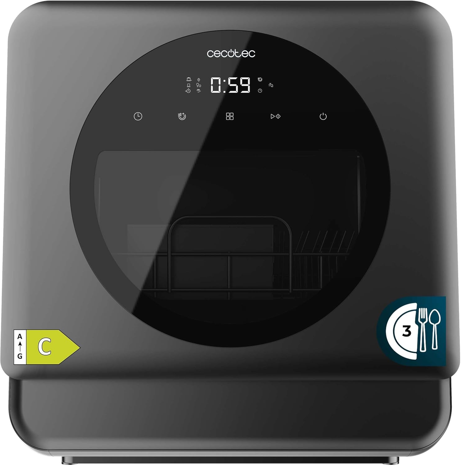 Cecotec Lave-vaisselle Compact Libre Installation sur Table Bolero Aguazero 1150 Dark. 3 Couverts, Basse Consommation, 6 Programmes, Touch Control Panel, Fonctions Long Storage et Delay Start