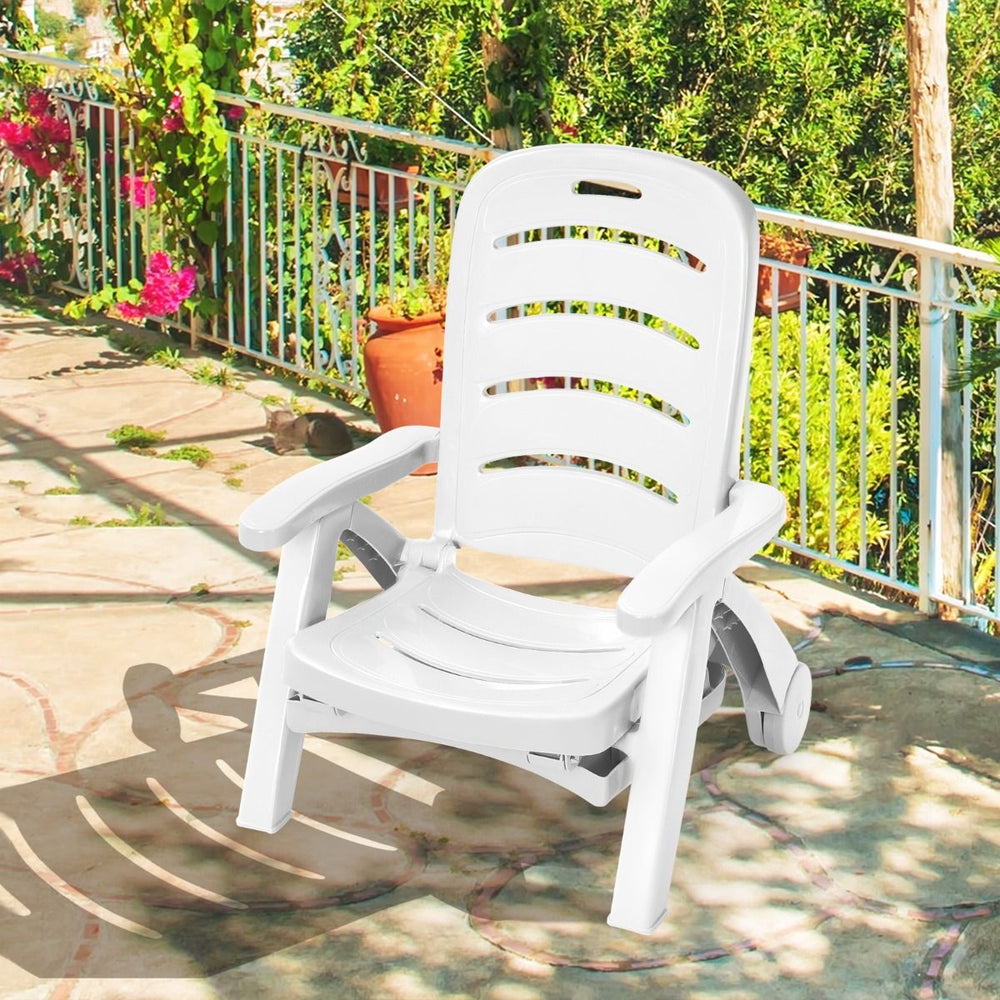 Chaise Longue Pliable Dossier Inclinable  5 Positions avec Roues Intgres pour Terrasse Jardin Piscine 150 kg Gris/Blanc/Bleu -