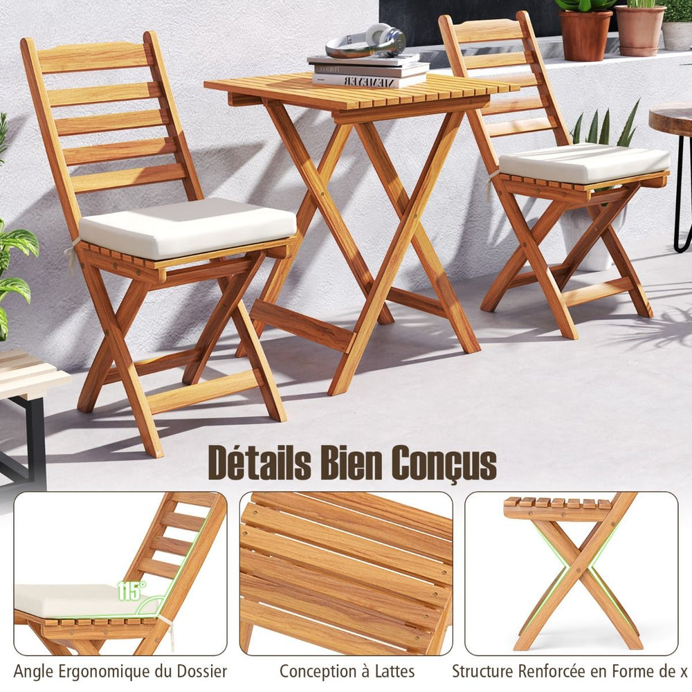 Ensemble Bistrot d'Extérieur en Bois d'Acacia Ensemble de Chaises Pliantes et Table Coussins de Siège Sans Accoudoirs à Dossier Haut Blanc -