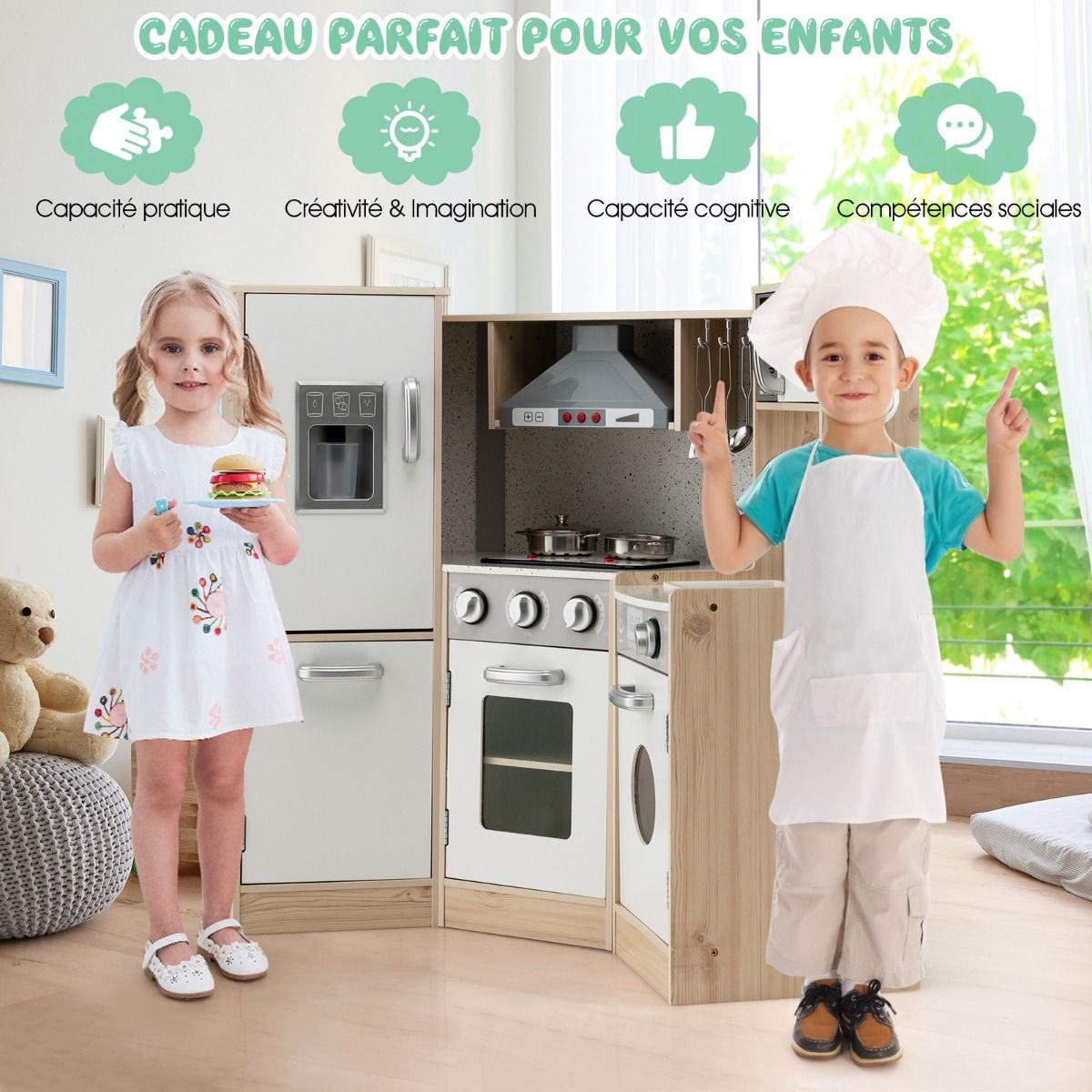 Cuisine Enfants en Bois XXL Angle 105 x 49 x 85 cm ( L x l x H ) Cuisine Complet avec Four Lave Linge 3 An+ -
