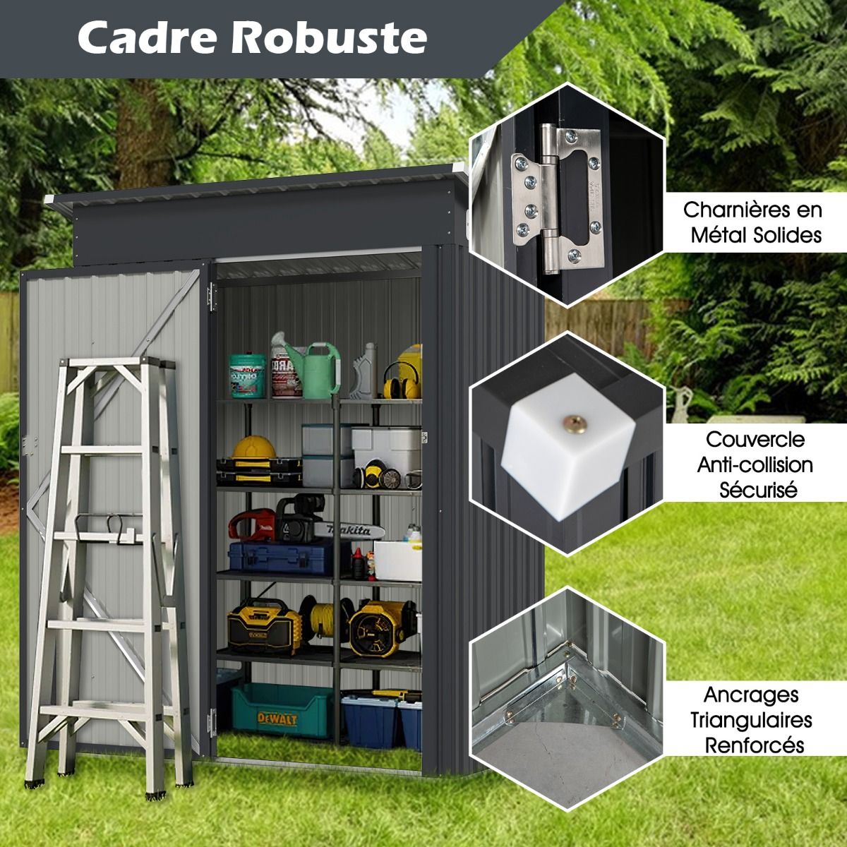 Abri de Rangement Toutes Saisons Abri  Outils Utilitaire avec Toit en Pente Porte Ouvrante Arations Cadre en Mtal Galvanis Gris -