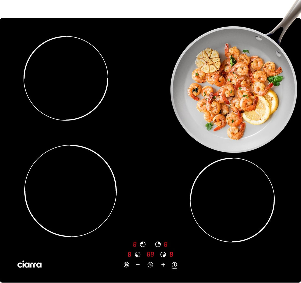 CIARRA Plaque à Induction 4 Feux 6000W - Commande Tactile - Plaque de Cuisson Encastrable - 9 Niveaux de Puissance- Minuteur - Verrouillage Enfant - CABBIH4-D