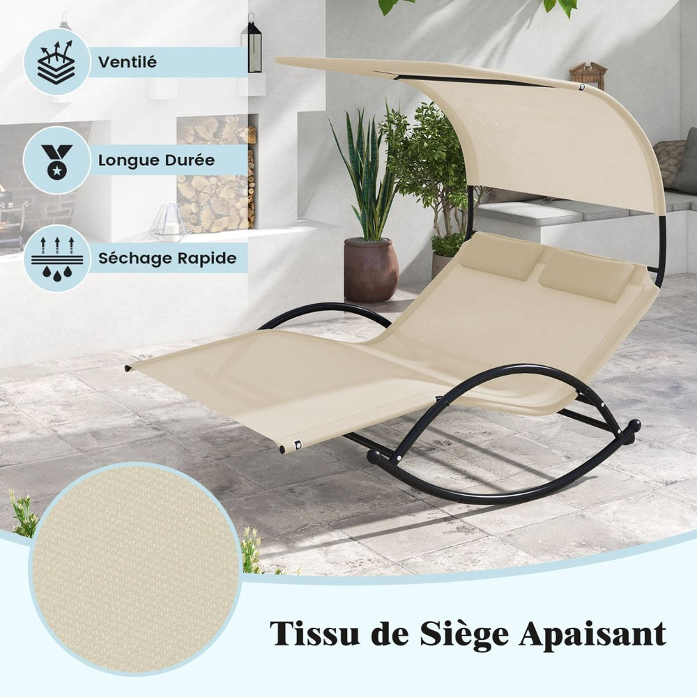 Chaise Longue Double Chaise à Bascule pour 2 Personnes 2 Appui-Têtes Amovibles Cadre en Métal Robuste Lit de Repos Ergonomique 2 Places Gris/Noir/Beige -
