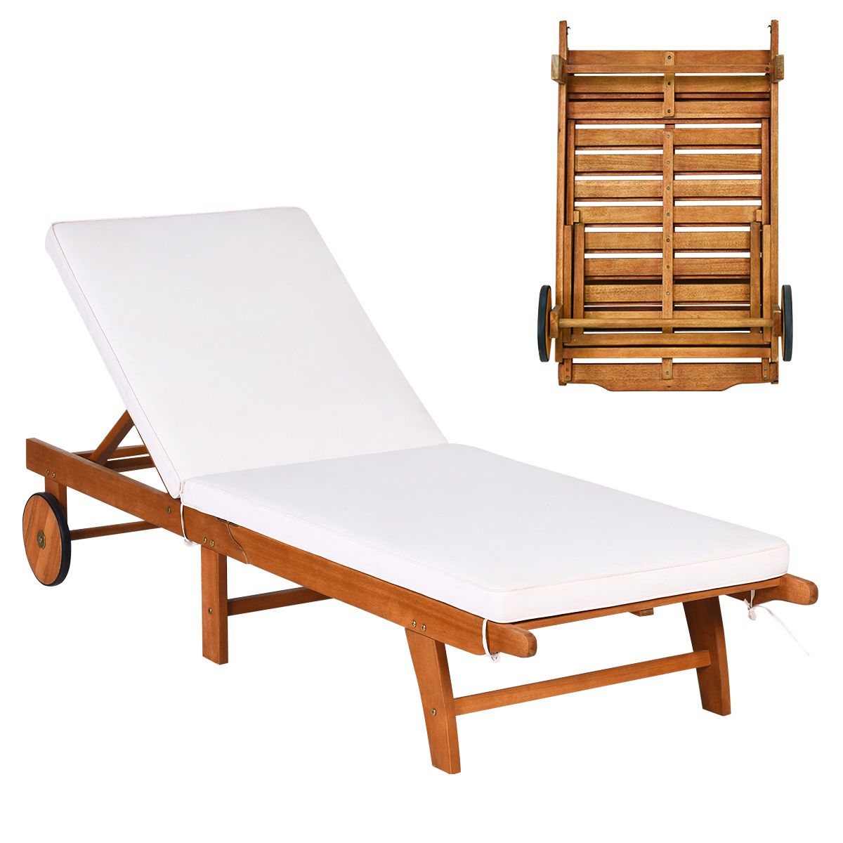 Chaise Longue Pliable en Bois avec 2 Roues et un Coussin Amovible Dossier Rglable Capacit Portante 160KG Idal pour L檈xtrieur -