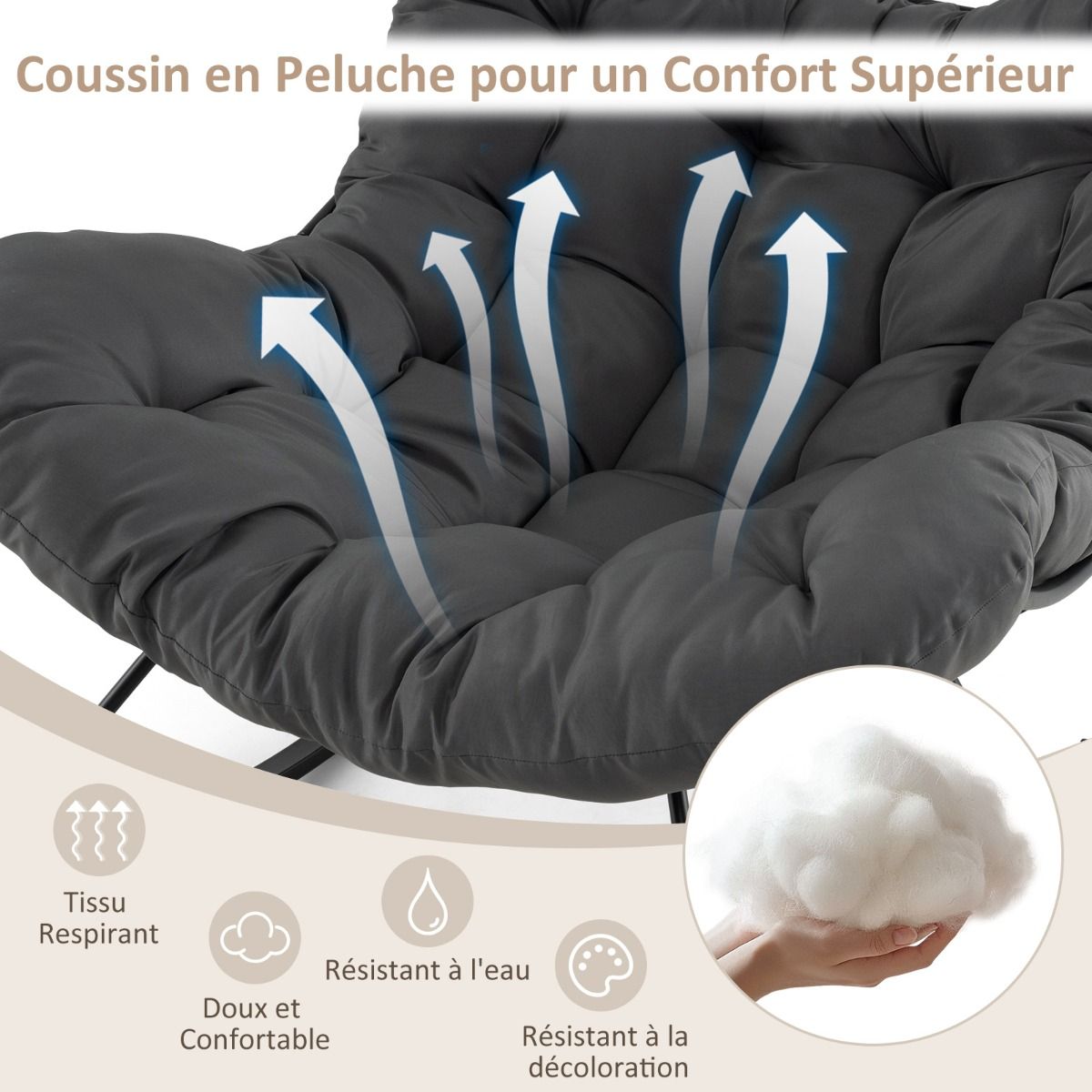 Chaise  Bascule d'Intrieur et d'Extrieur Chaise Papasan Surdimensionne avec Coussin Rembourr & Cadre en Mtal Capacit 205 Kg Gris -