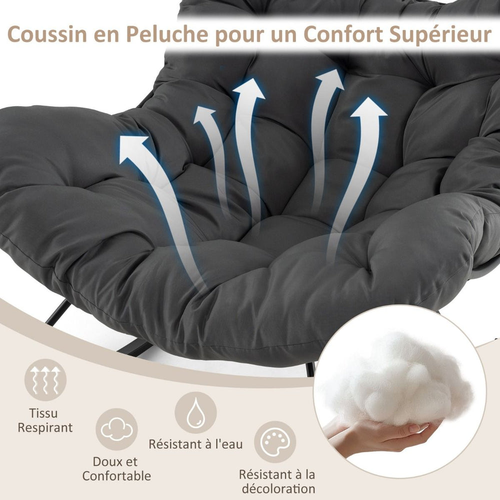 Chaise  Bascule d'Intrieur et d'Extrieur Chaise Papasan Surdimensionne avec Coussin Rembourr & Cadre en Mtal Capacit 205 Kg Gris -