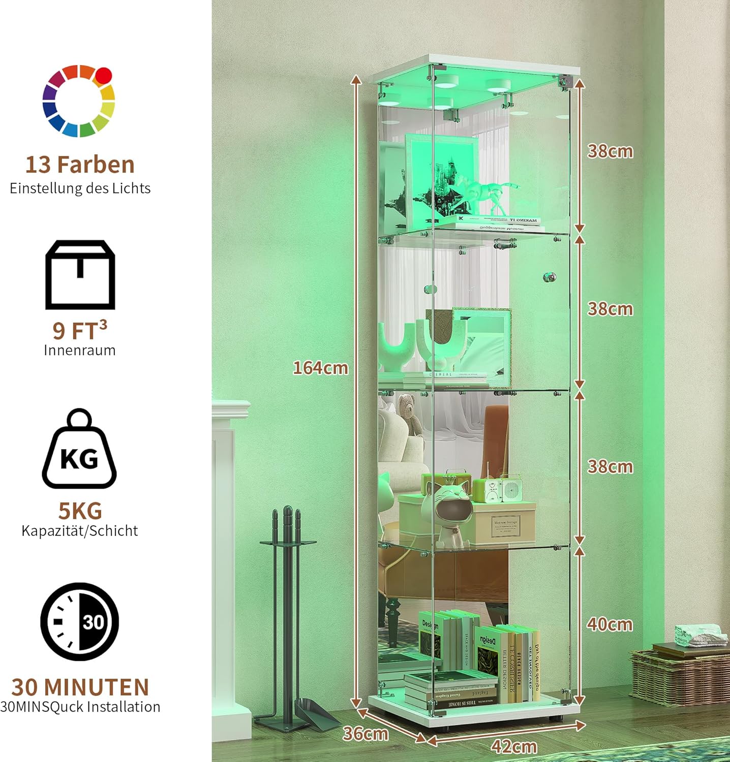 BPKADHY Vitrine sur pied en verre à 4 couches - 1 porte - Lampe LED et serrure avec paroi arrière miroir - Armoire de salon pour objets de collection et livres - Blanc