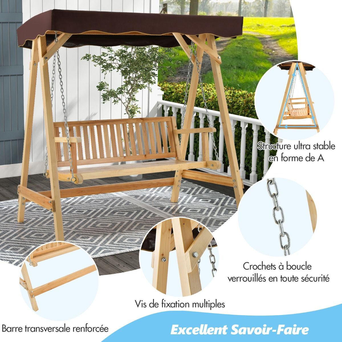 Balancelle de Jardin 2 Places en Bois avec Toit Inclinable Imperméable Chaîne Métallique Réglable Charge 240KG Cadre en A pour Jardin Véranda Cour -