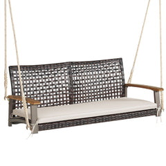 Banc Suspendu de Jardin en Rotin 2 Place Accoudoirs en Bois d'Acacia Cadre en Mtal Coussin Cordes Crochets Blanc/Noir -
