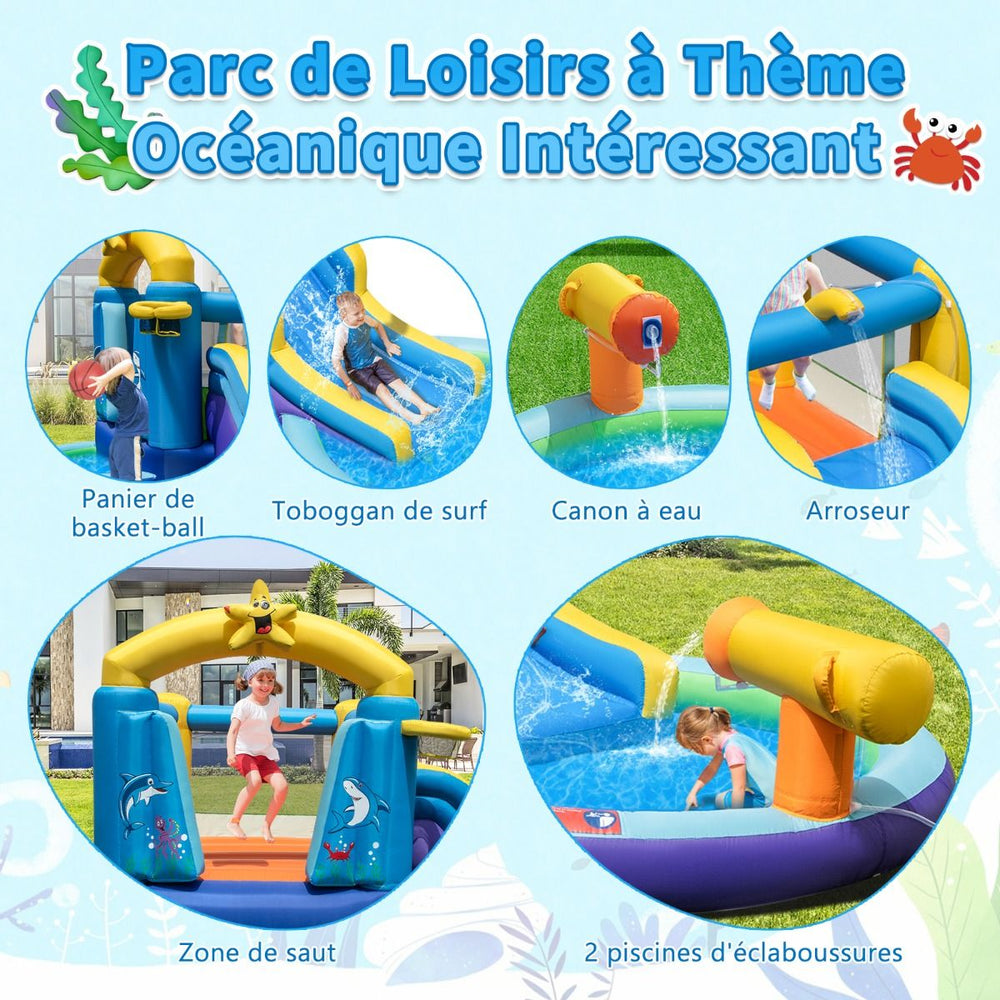 Ch芒teau Gonflable Ocan 6 en 1 avec Souffleur 680W Toboggan Aquatique & 2 Piscines Maison de Rebond Gonflable Charge 90kg -