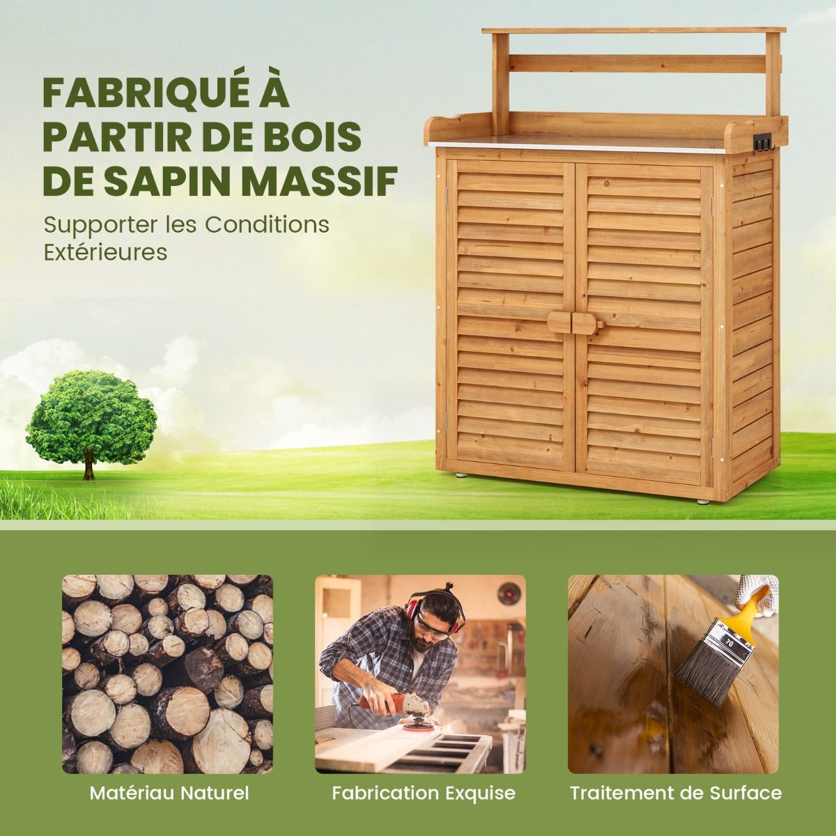 Banc d'Empotage d'Extérieur Table de Jardinage avec Comptoir en Métal Galvanisé 3 Crochets de Suspension Etagères Amovibles Naturel -