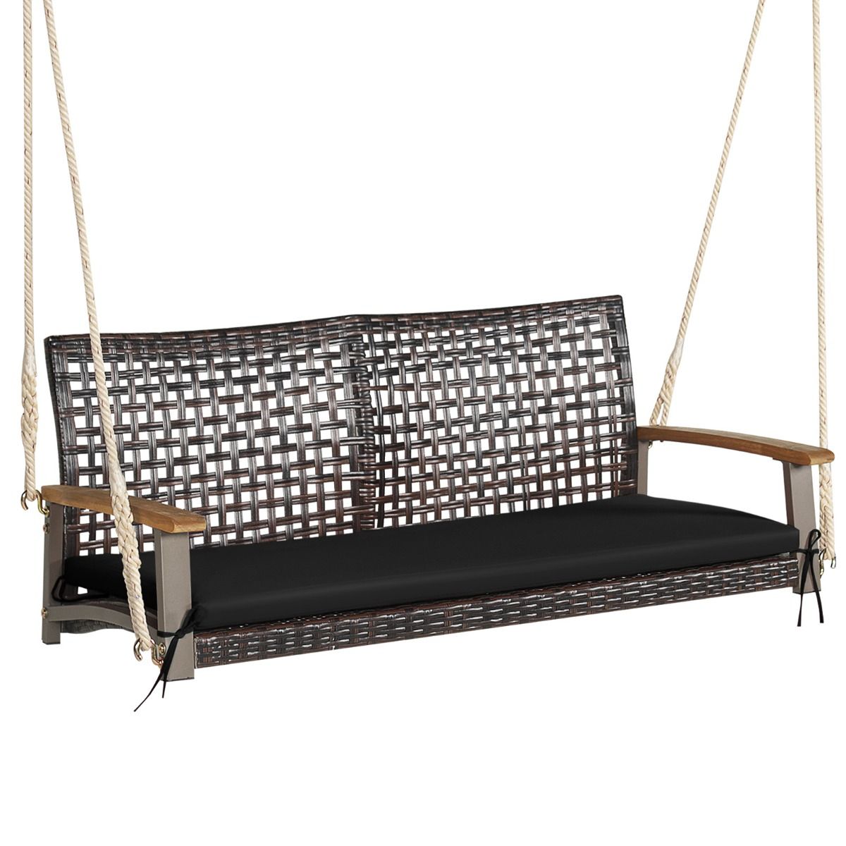 Banc Suspendu de Jardin en Rotin 2 Place Accoudoirs en Bois d'Acacia Cadre en Mtal Coussin Cordes Crochets Blanc/Noir -