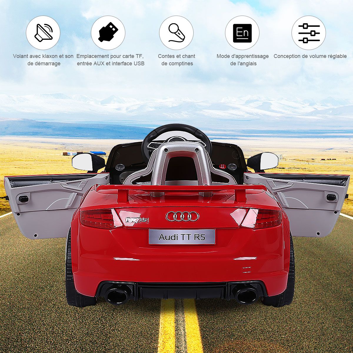 Voiture TTRS Electrique pour Enfants 12V Max. 5 Km/h Double Porte avec Tlcommande 2.4G Blanc/Rouge -
