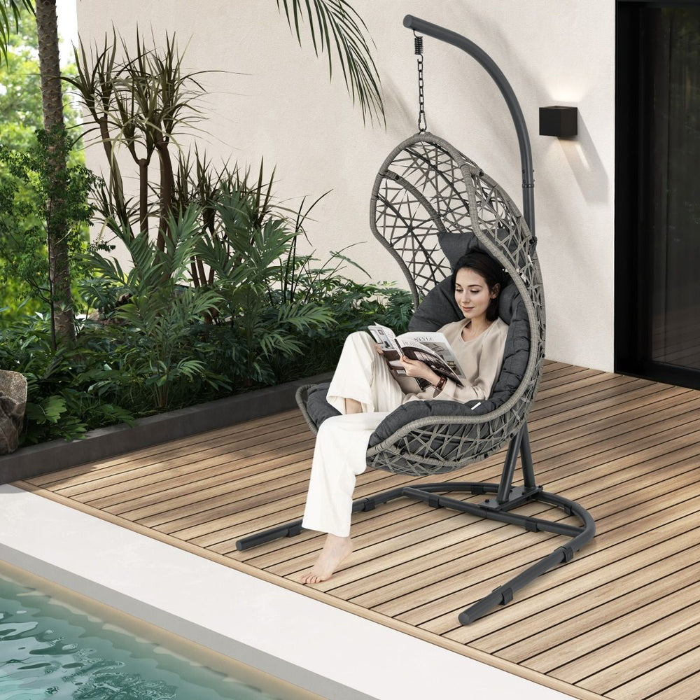 Chaise Oeuf en Rotin PE avec Support avec Oreiller et Coussin Chaise Suspendue avec Accessoires de Suspension Capacité 160 Kg Gris -