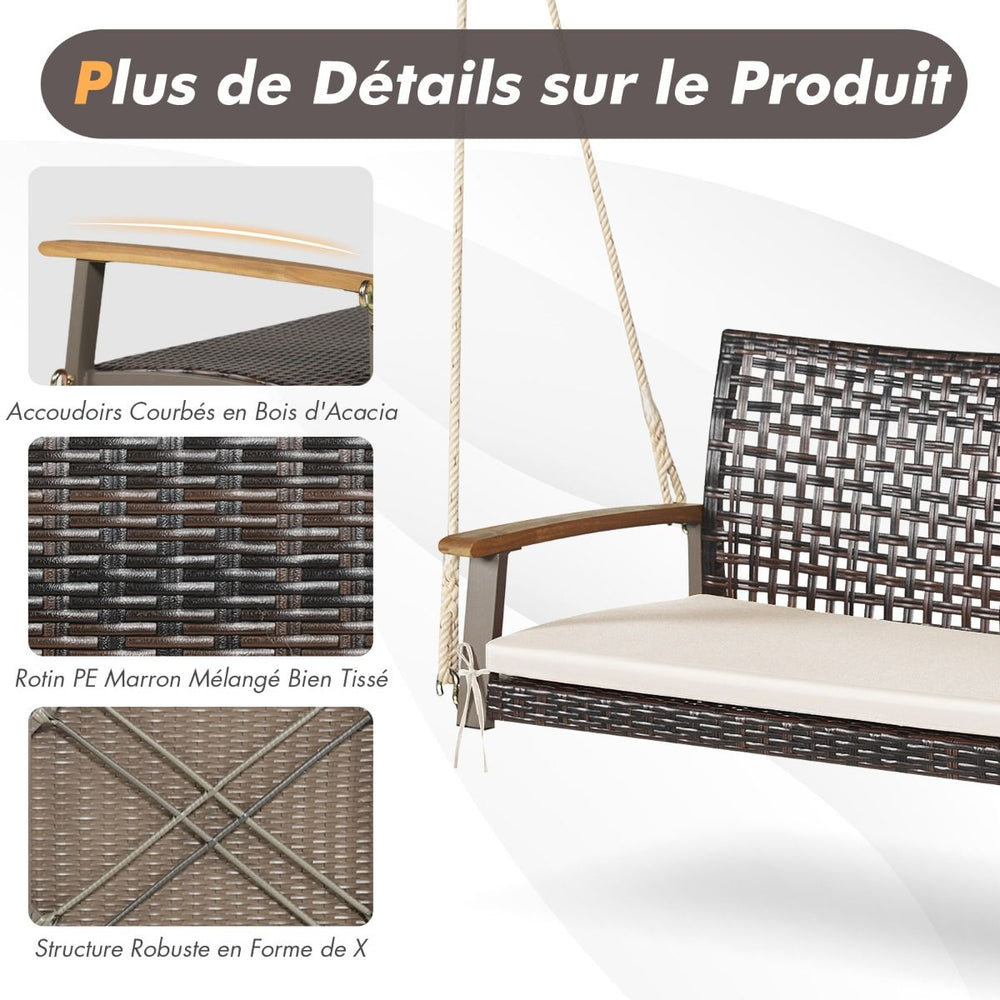 Banc Suspendu de Jardin en Rotin 2 Place Accoudoirs en Bois d'Acacia Cadre en Mtal Coussin Cordes Crochets Blanc/Noir -