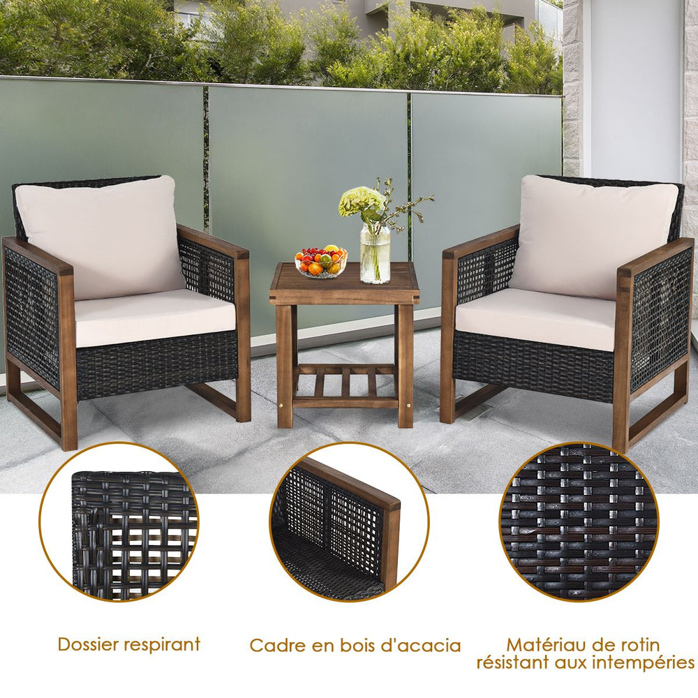 Ensemble Salon de Jardin en Bois d'Acacia Rotin Artisanal Anti-soleil Résistant aux Intempéries pour Porche Balcon Terrasse -