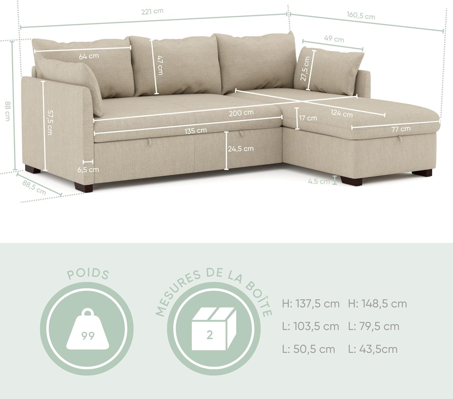BUDWING Orlando Canapé Convertible d'angle Lit Chaise Longue Coffre Réversible Droite et Gauche Beige