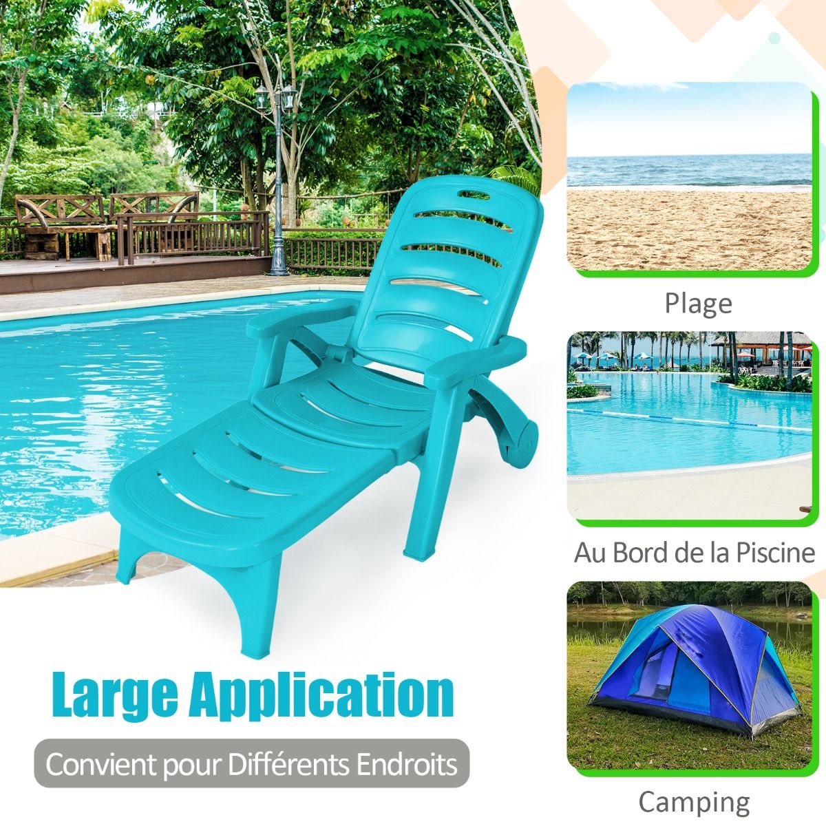 Chaise Longue Pliable Dossier Inclinable à 5 Positions avec Roues Intégrées pour Terrasse Jardin Piscine 150 kg Gris/Blanc/Bleu -