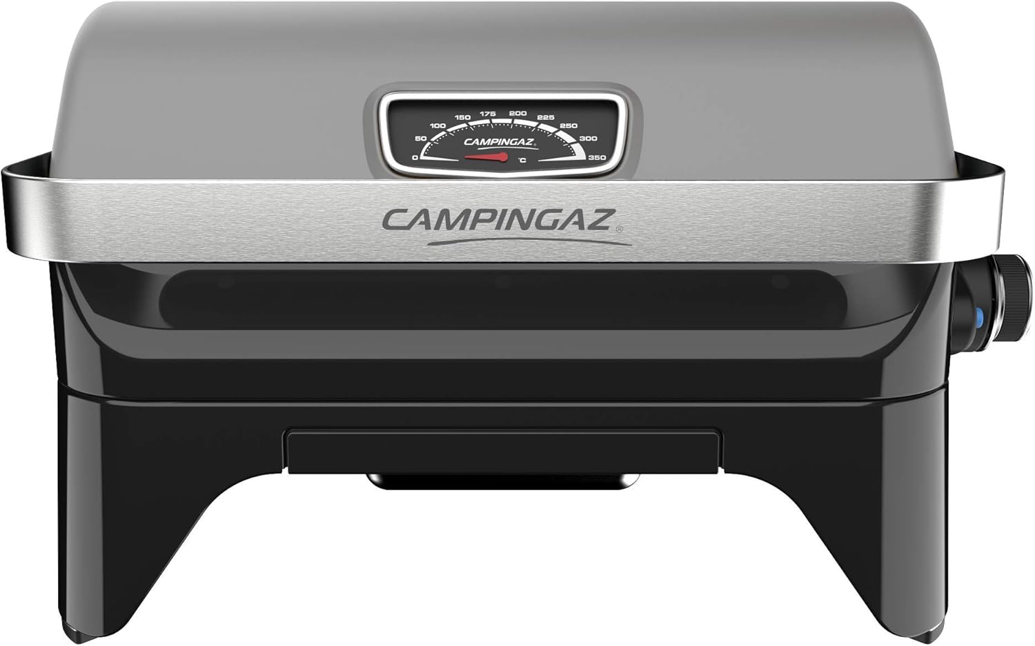 Attitude2go,Barbecue de Table  Faible fume,BBQ Portable, Couvercle,thermomtre,et Grille en Fonte,Alimentation : Cartouche de gaz CV 470 Plus,Gris