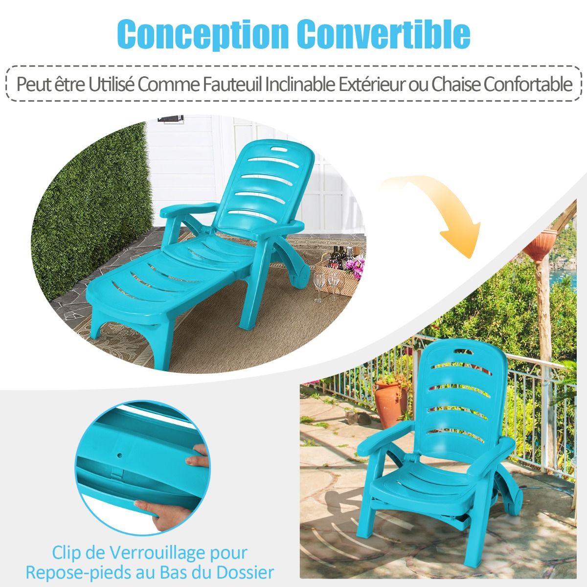 Chaise Longue Pliable Dossier Inclinable  5 Positions avec Roues Intgres pour Terrasse Jardin Piscine 150 kg Gris/Blanc/Bleu -
