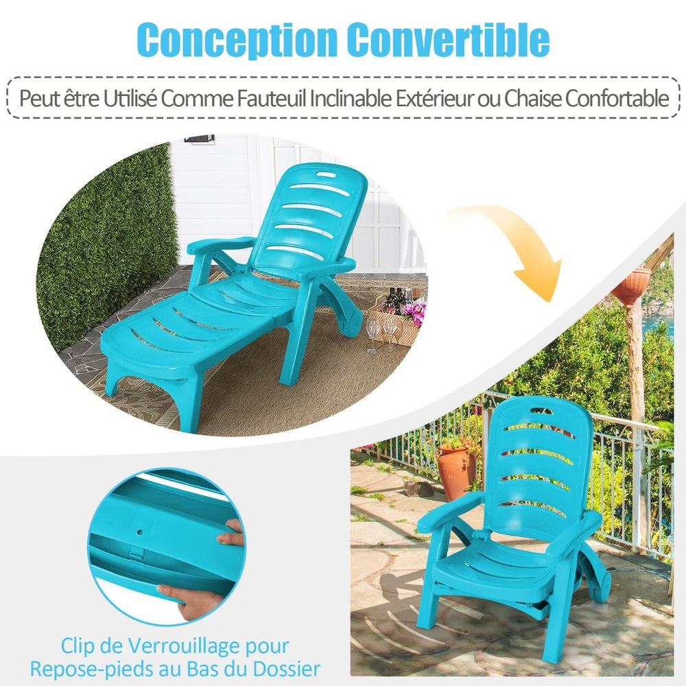 Chaise Longue Pliable Dossier Inclinable  5 Positions avec Roues Intgres pour Terrasse Jardin Piscine 150 kg Gris/Blanc/Bleu -