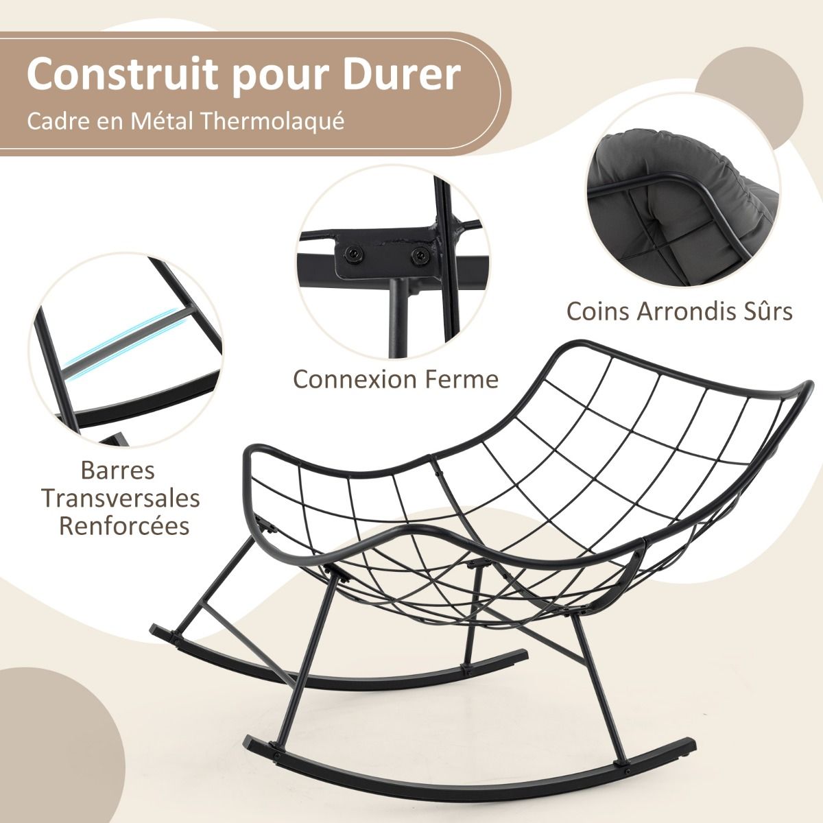 Chaise  Bascule d'Intrieur et d'Extrieur Chaise Papasan Surdimensionne avec Coussin Rembourr & Cadre en Mtal Capacit 205 Kg Gris -