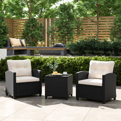 Ensemble de Meubles 3 Pièces de Patio en Rotin Charge 180KG Salon de Jardin 2 Fauteuils Table Basse avec Plateau Noir/Beige/Blanc -