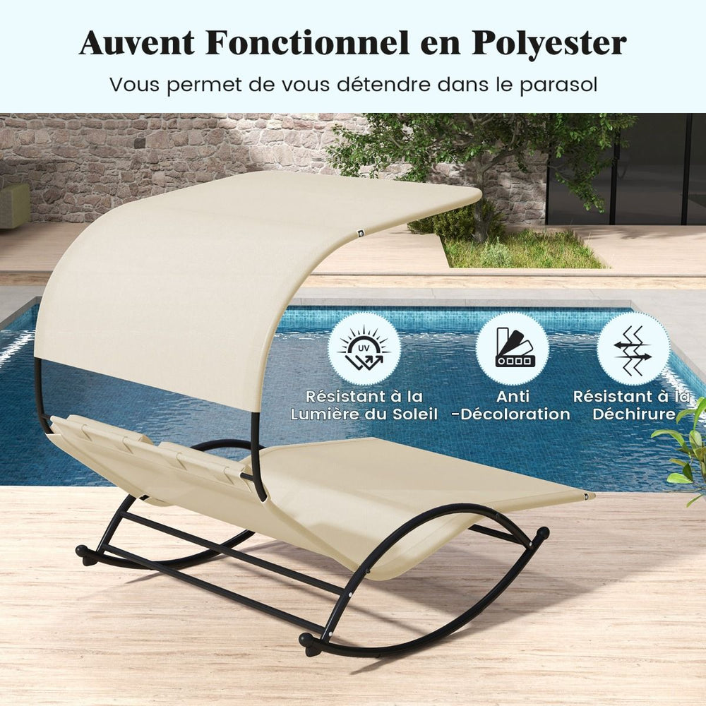 Chaise Longue Double Chaise  Bascule pour 2 Personnes 2 Appui-T锚tes Amovibles Cadre en Mtal Robuste Lit de Repos Ergonomique 2 Places Gris/Noir/Beige -