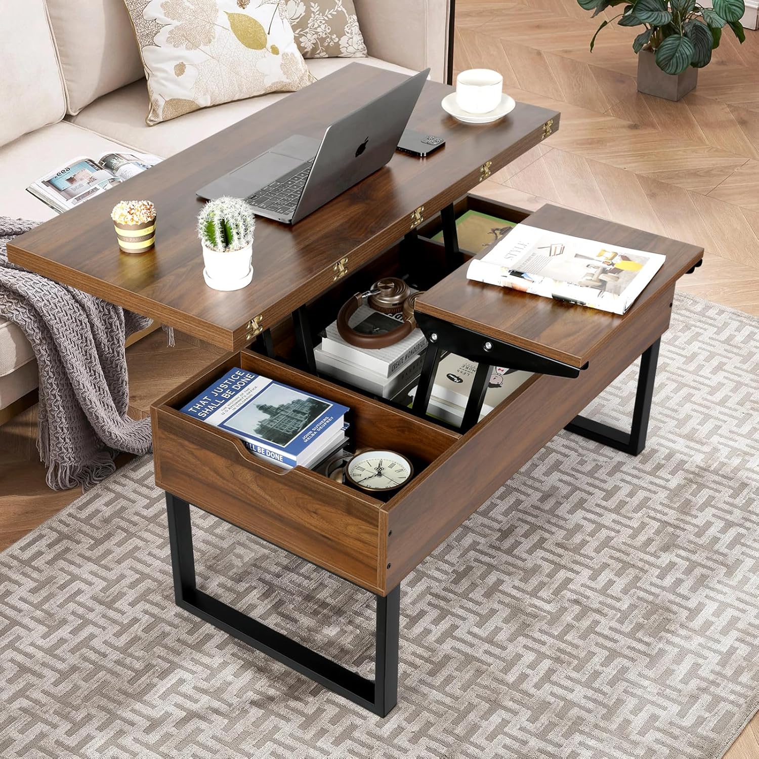 VOWNER Table Basse Relevable, Table de Salon Multifonctionnelle 3 en 1 avec Rangement Caché, Table Basse Convertible Manger de Salon, Couleur Noyer