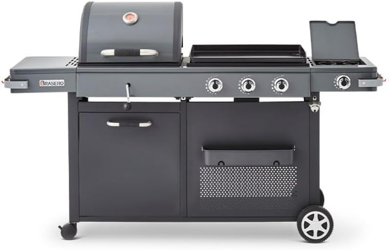 BRASERO - Barbecue Bi-Energy Gun Metal XL - Barbecue Charbon et Plancha 60 x 42 cm à gaz avec brûleur latéral -12,95 KW