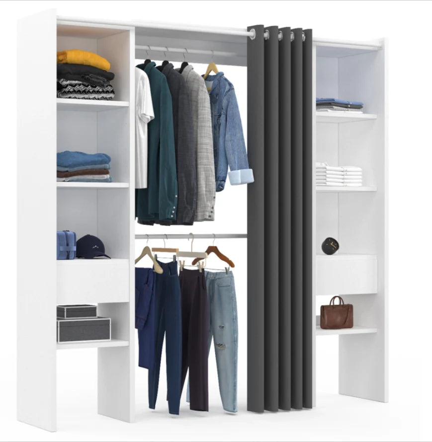 Dressing Extensible Blanc & Gris avec Rideau - tagres - Double Penderie -