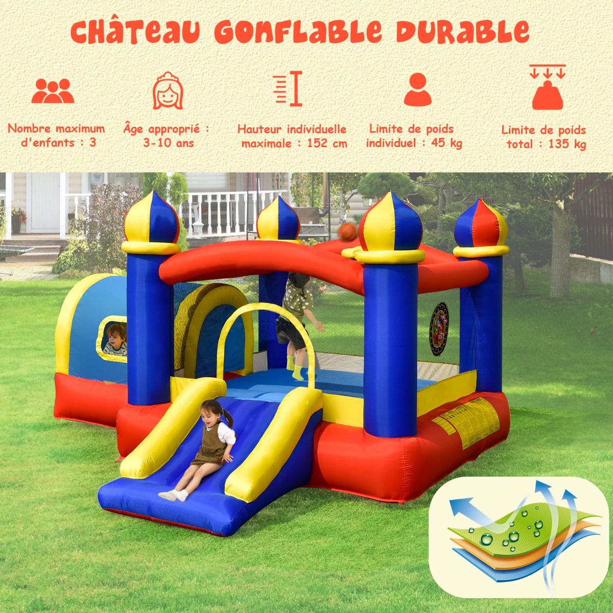 Ch芒teau Gonflable pour Enfant avec Espace de Rebonds Petite Maison Toboggan Panier de Basket(sans Gonfleur) -