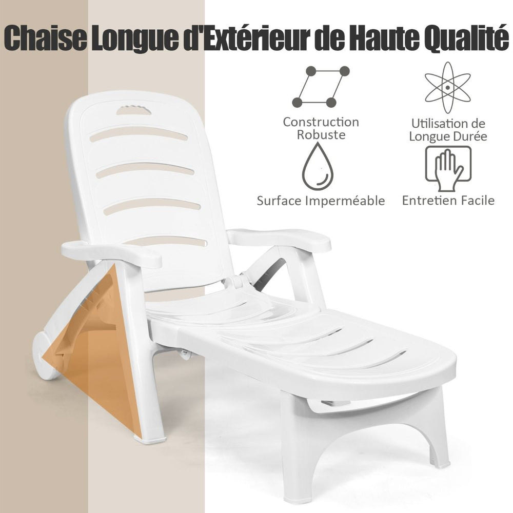 Chaise Longue Pliable Dossier Inclinable à 5 Positions avec Roues Intégrées pour Terrasse Jardin Piscine 150 kg Gris/Blanc/Bleu -