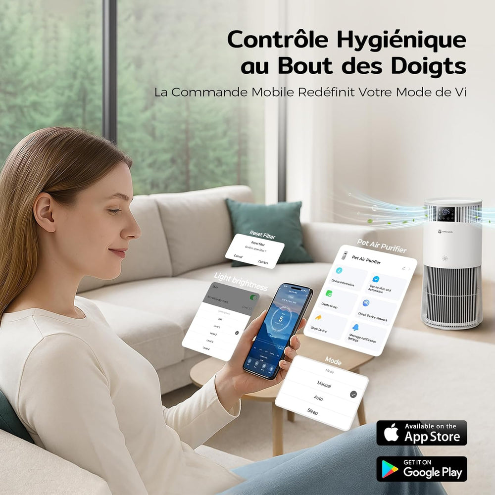 Amicura P2 Purificateur d'air Hepa pour Animaux et Personnes Allergiques, 843 m³/h CADR Contre les Poils d'animaux, Filtre Hospitalier H13 Hepa, 450 m³/h de Particules, Contrôle par App