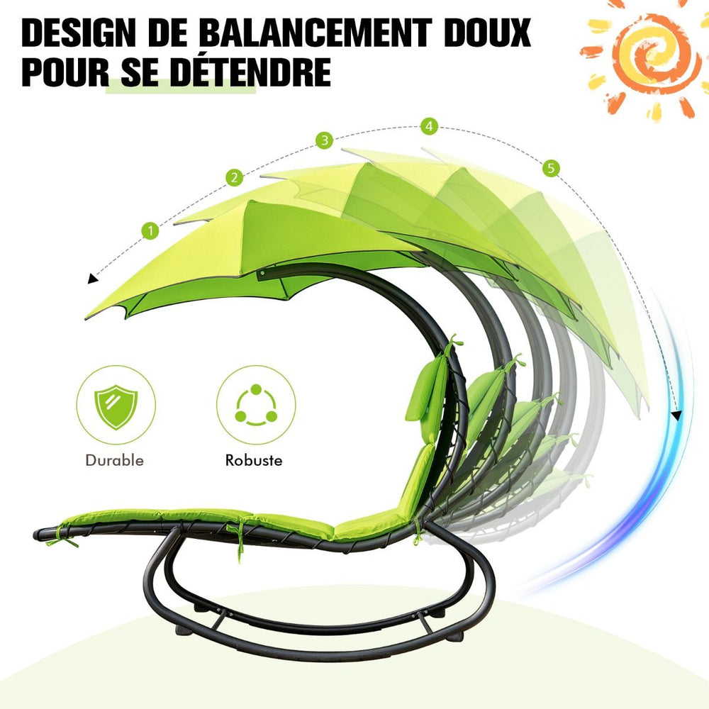 Bain de Soleil à Bascule Transat Suspendu avec Pare-Soleil & Coussin Hamac Charge 150KG 184 cm x 147 cm x 187 cm Vert -