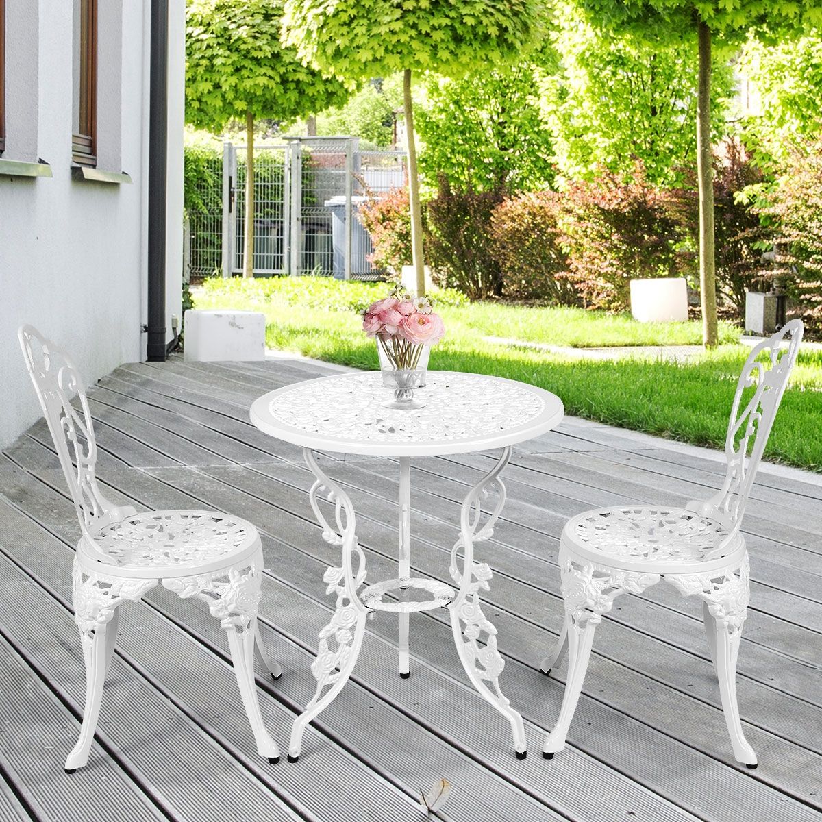 Ensemble Table et 2 Chaises pour Jardin en Aluminium en Forme de Rose Blanc Résistant aux Intempéries -