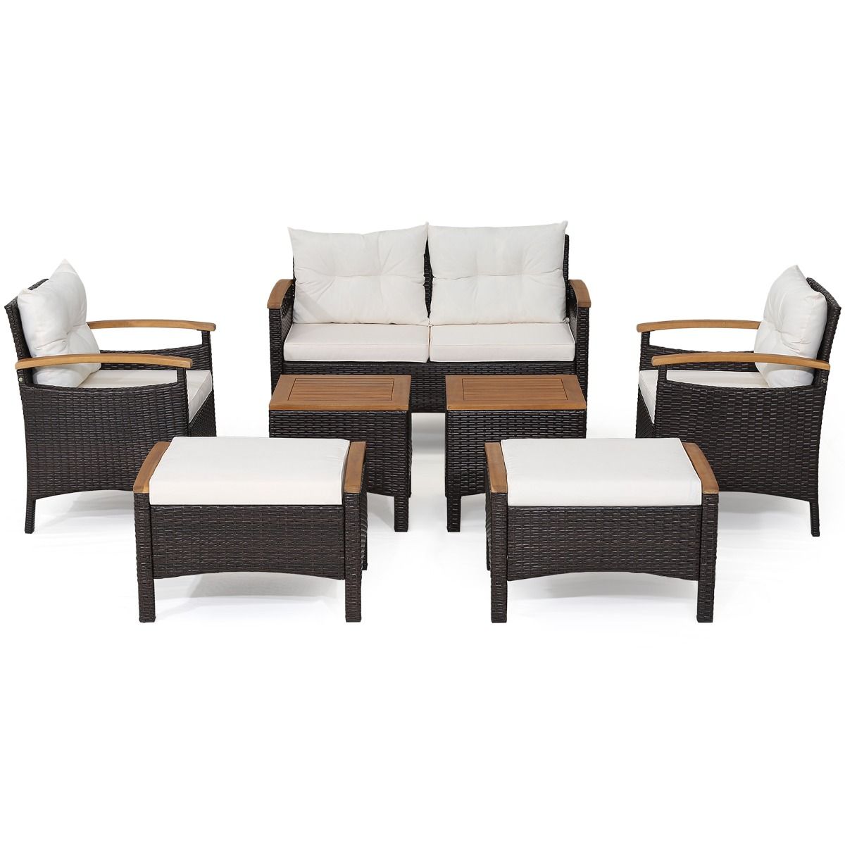 Ensemble de Canapés de Patio en Rotin PE 7 Pièces avec Coussins d'Assise et de Dossier 2 Poufs 2 Tables Basses Plateau de Table -