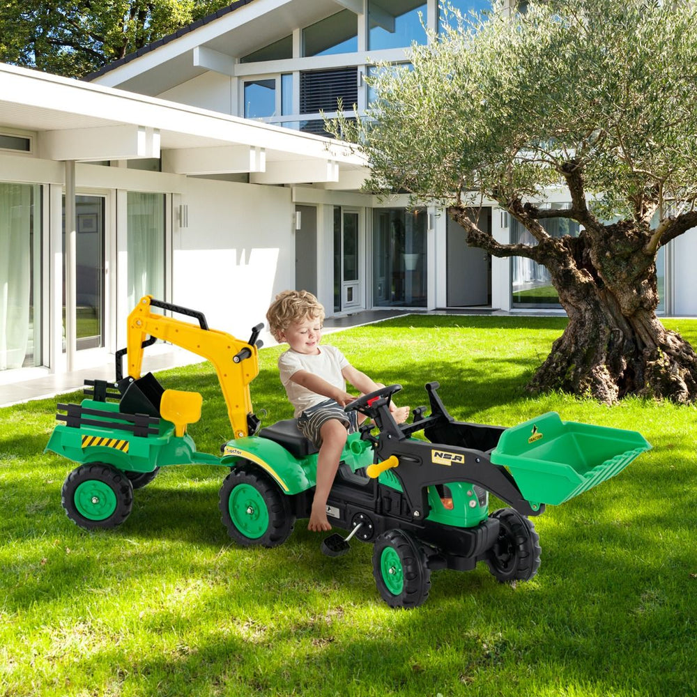 3 en 1 Tracteur pour Enfant avec 6 Roues Jouet Pelle Remorque Amovible avec Volant Klaxon 3  6 Ans Jaune/Vert -
