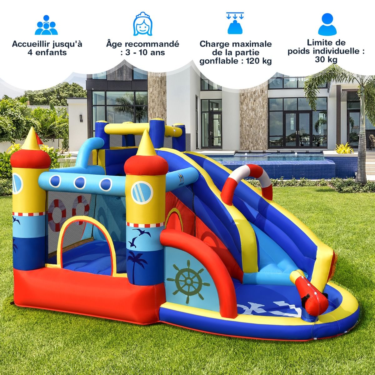 Château Gonflable Style Bateau avec Toboggan Incurvé Zone de Saut Mur d'Escalade avec Gonfleur 450 W -