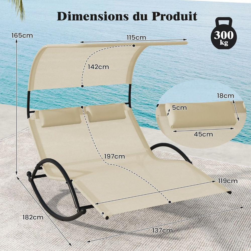 Chaise Longue Double Chaise à Bascule pour 2 Personnes 2 Appui-Têtes Amovibles Cadre en Métal Robuste Lit de Repos Ergonomique 2 Places Gris/Noir/Beige -
